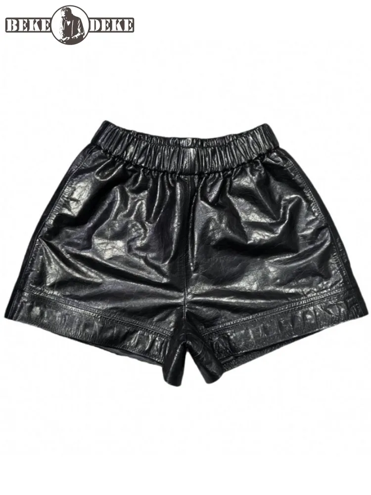 

Autumn New Women Cowhide Genuine Leather Shorts Female Slim Fit Elastic Waist Wide Leg Flare Boot Cut Casual Streetwear Shorts