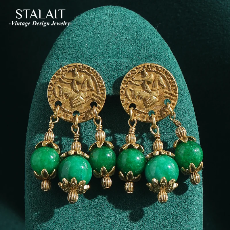 

Vintage Green Earrings Dangle Knight Ancient Coin Gold Color Natural Stone Tassels For Woman Accessories Luxury Quality Jewelry
