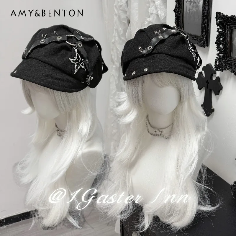 

Original Design Subculture Street Punk Style Rivet Pu Buckle Beret Hat Female Japanese Dark Hot Girl Y2K Octagonal Hat Summer