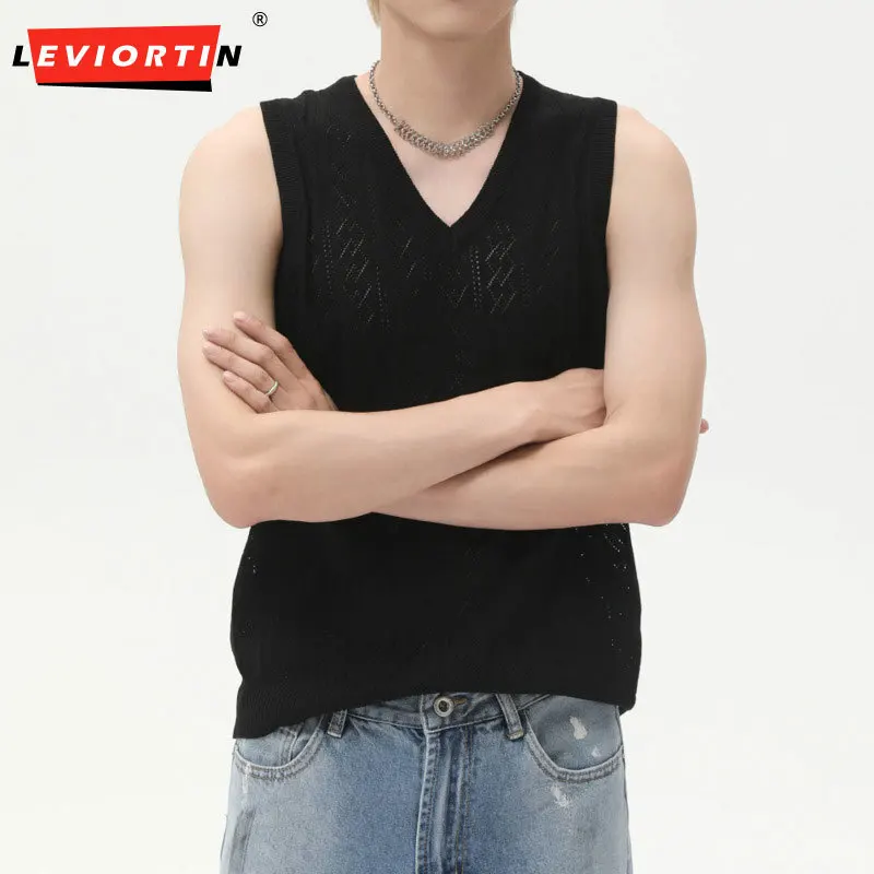 

Лето 202, мужской молодежный модный нишевый тонкий жаккардовый вязаный свитер без рукавов с v-образным вырезом, повседневный повседневный универсальный базовый свободный жилет