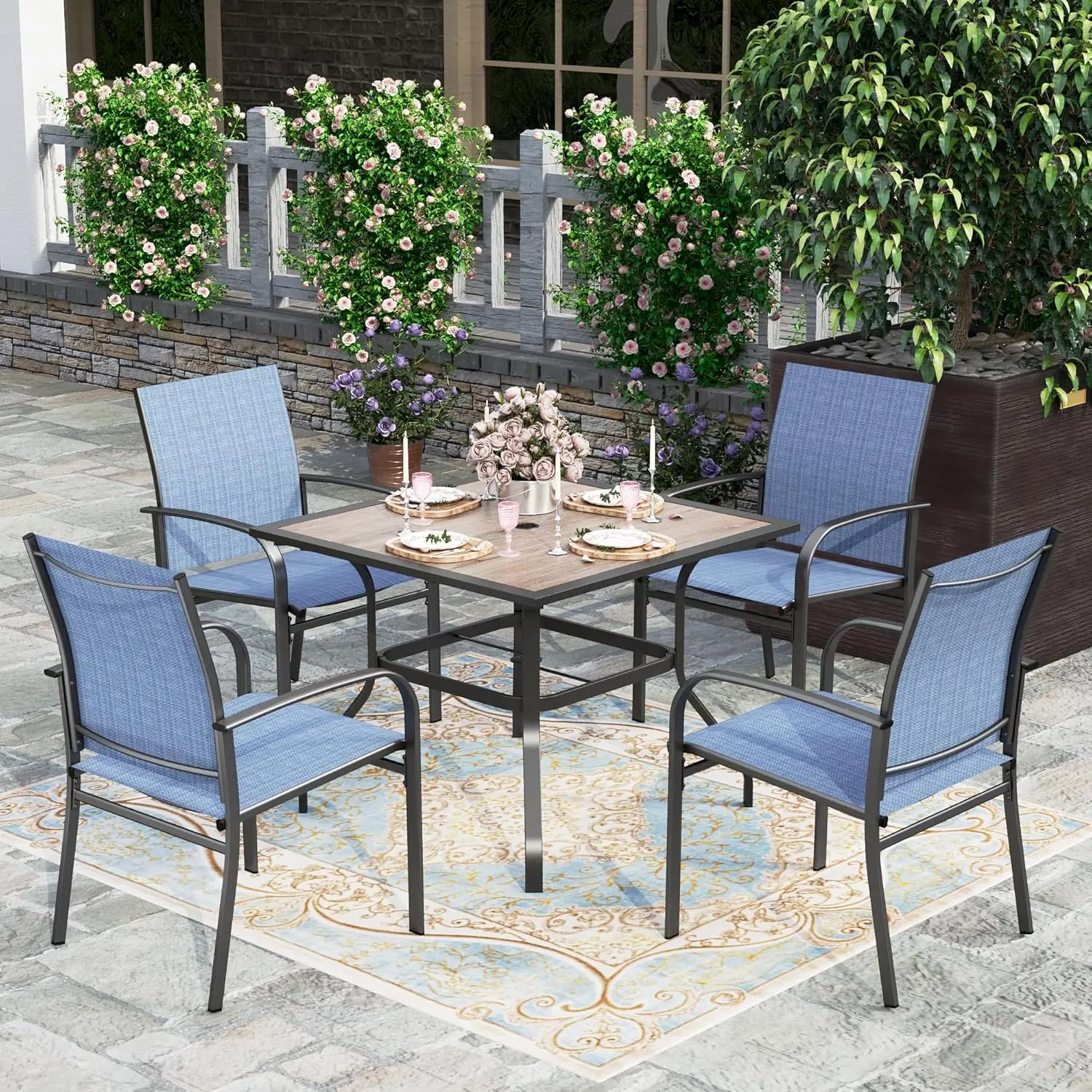 Outdoor Pátio Mesa e Cadeiras Set, 4 x Textilene Dining Chair, Square Wood Look Mesa de Jantar, 37 ", 5 Pcs