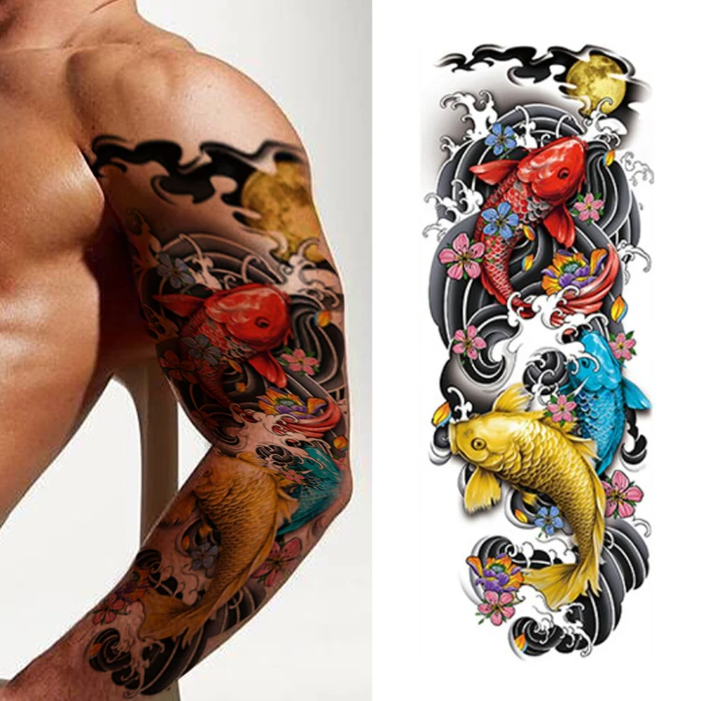 

4PCS Koi Fish Body Tattoo Sticker Waterproof Full Arm Sleeves Koi Fish Flower Tattoo Sticker Dragon Temp Tatoo Sticker