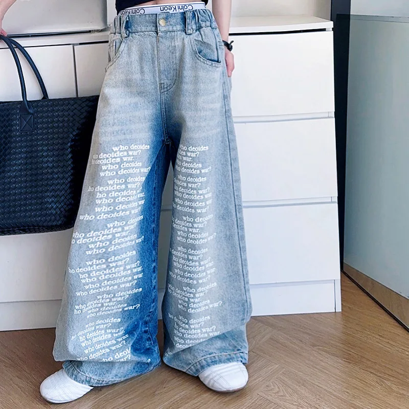 

Летние джинсовые джинсы с буквенным принтом для девочек, широкие брюки длиной до пола градиентного цвета, подходят для детей от 7 до 14 лет, повседневная одежда