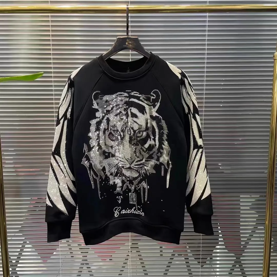 2025 Autumn Winter New Fashion Trend Heavy Rhinestone Round Neck Sweatshirt Black Loose Casual Long Sleeve T-Shirt for Men