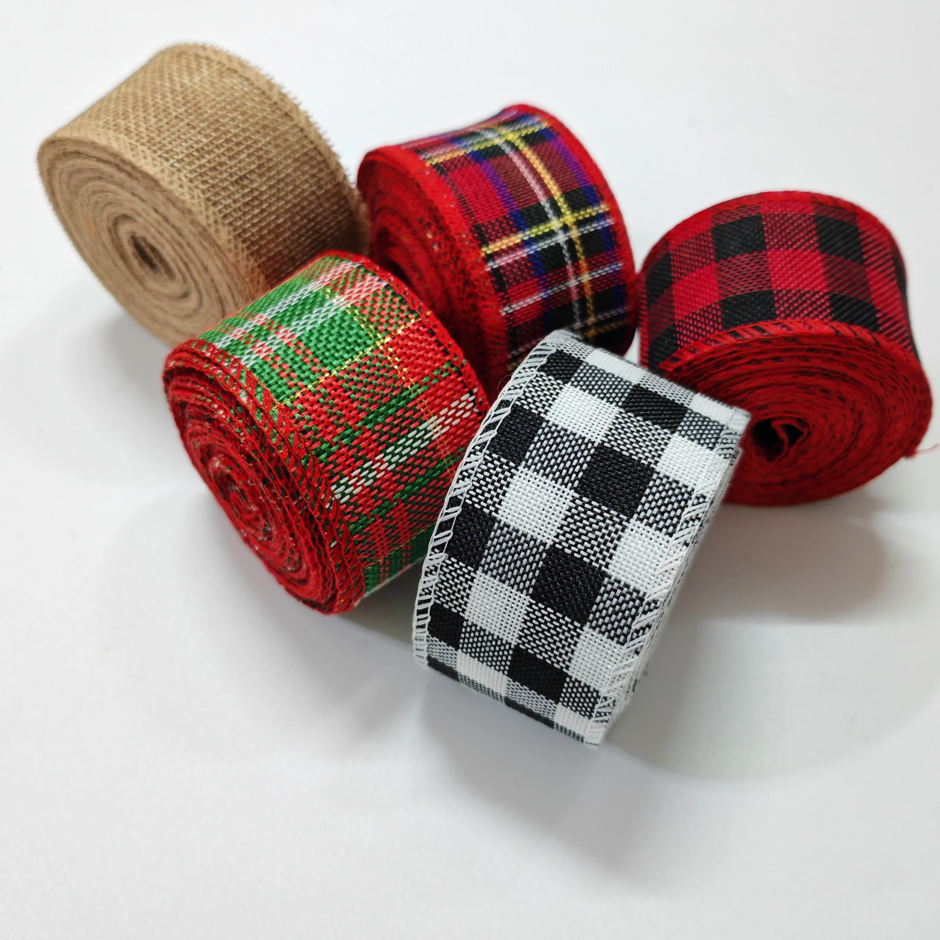 6 Meter Christmas Plaid Burlap Ribbon with Wire Edge, Buffalo Check Fabric Tape for Gift Packing Wreath DIY Decoration