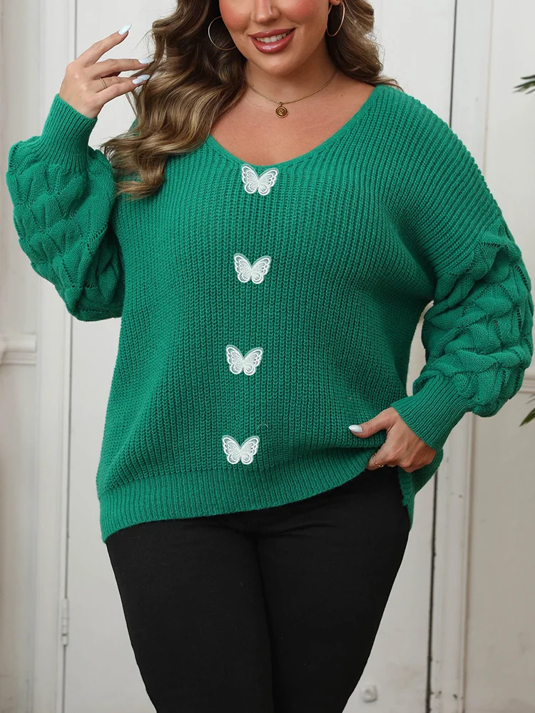 GIBSIE Plus Size Autumn Winter Lace Butterfly Splicing Knitted Sweater Women 2025 Fashion V-Neck Long Sleeve Loose Pullovers