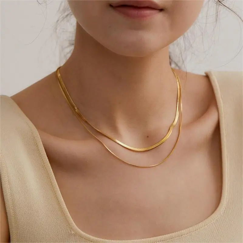 MHS.SUN Fashion Flat Snake Bone Chain Stainless Steel Necklace Gold Silver Color 2/3/4MM Various Length For Women Men Jewelry