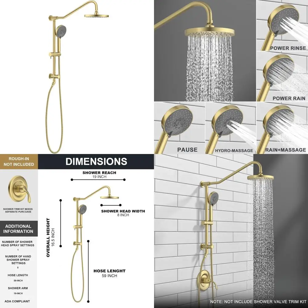 

5-Function Retrofit Shower System with Rain Showerhead, Handheld Spray, and Brushed Gold Finish, 8-inch Rain Shower Faucet, High