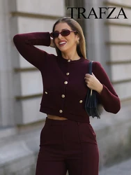 TRAFZA Autumn Fashion Women Knitted Tops Wine Red O-Neck Long Sleeves Pockets Single Breasted Cardigans Female Chic Coats