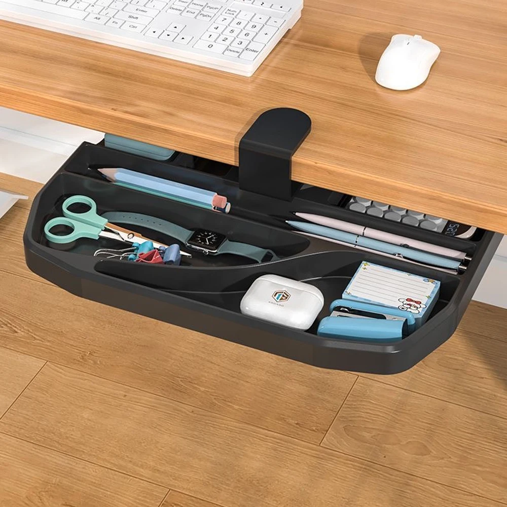 

Adjustable Under Desk Management Tray, Clamp Mounted Pen Storage Rack, Large Rotatable Tray Basket for Cords Watch Power Strip