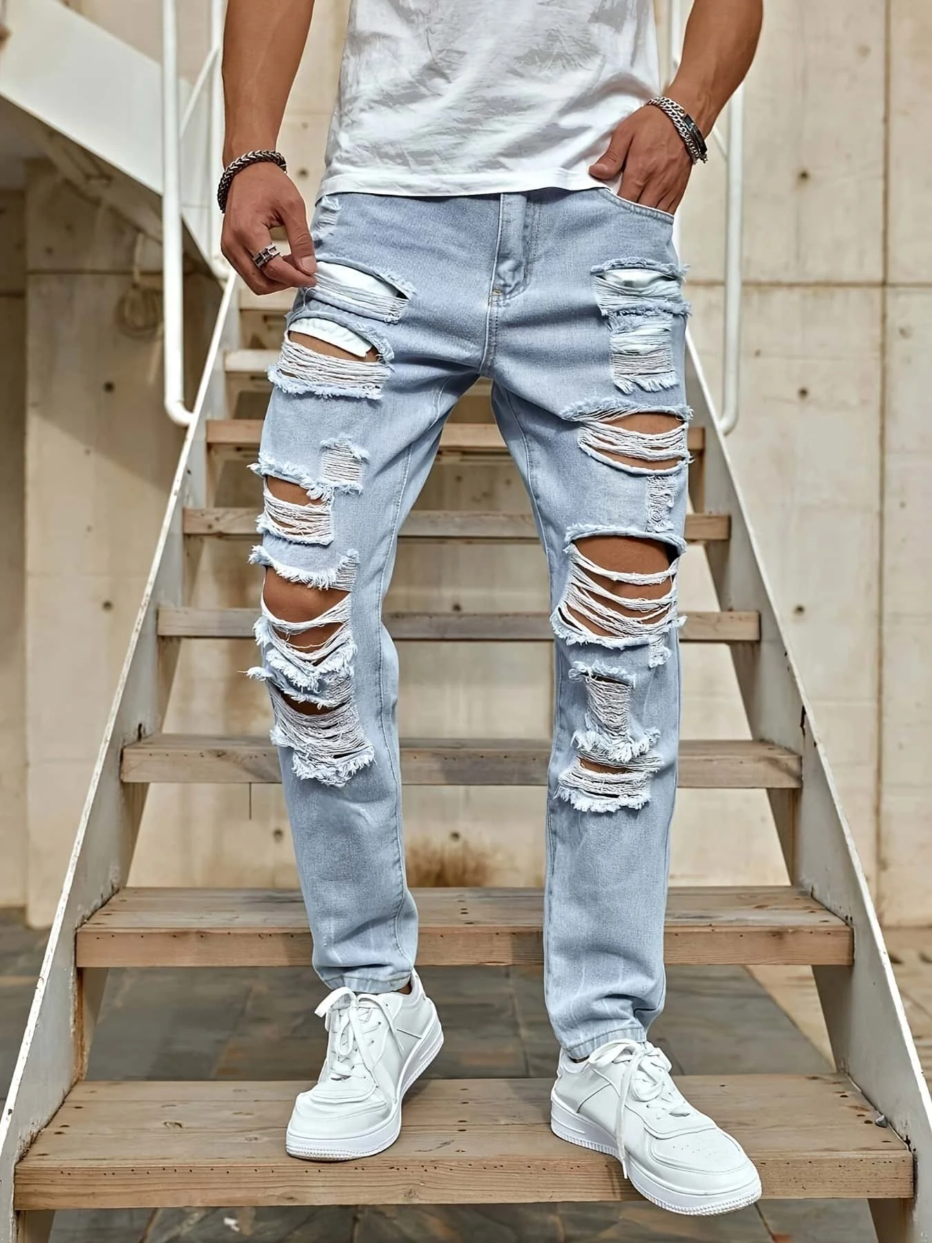 

Мужские прямые потертые джинсы Голубые мужские городские брюки с разноцветными деталями для современной уличной одежды