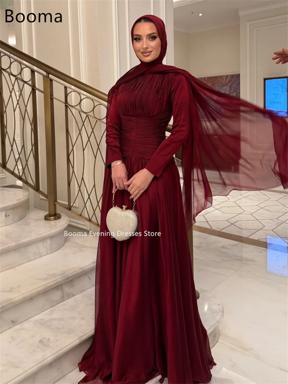 Booma Elegant A-Line O-Neck Pleat Dresses Formal Party Gowns for Women Shiny Long Sleeve Prom Gown Customize 2025