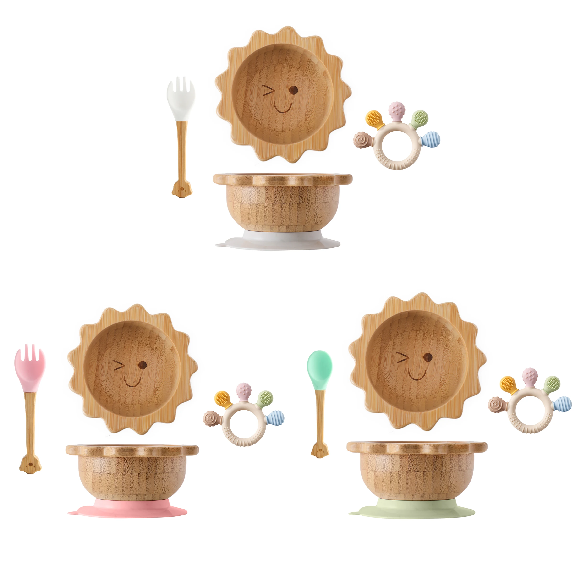 

3PC Set Bamboo Tableware,Sun Silicone Suction Wooden Bowl,Wooden Handle Fork Spoon for Newborn,Silicone Teether Feeding Supplies