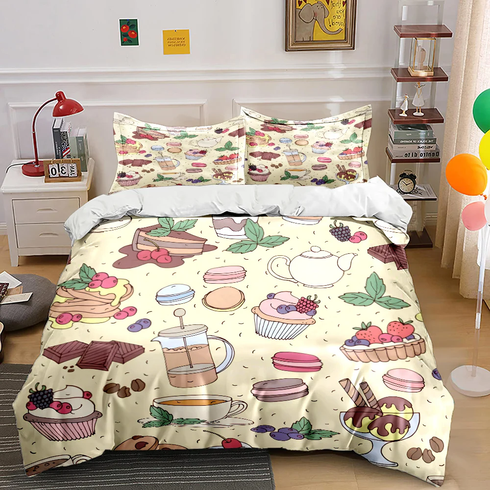 Delicious desserts and tea Pattern Duvet Cover Set Digital Print Colorful Polyester Bedding with Zipper Closur for kids gifts