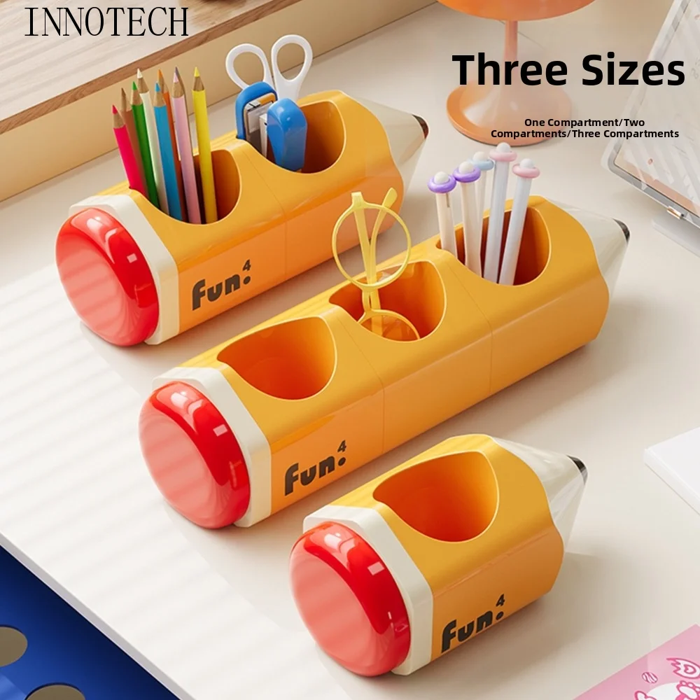 Large Capacity Pencil Shape Pen Holder Plastic Cute Cartoon Pencil Holder Multi-functional with Compartments Storage Box