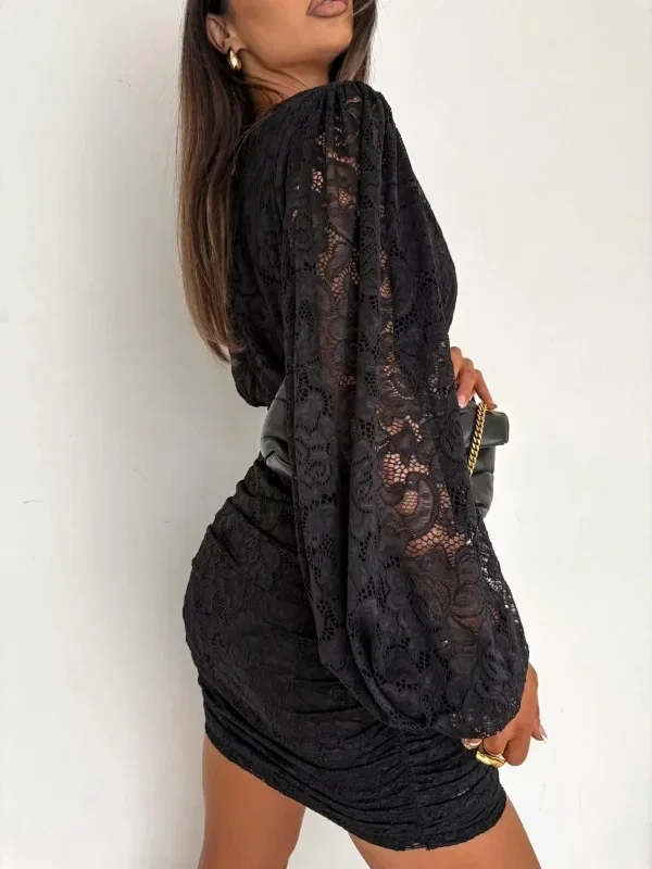 Damen-Minikleid, braun, Spitze, gerüscht, elegant, V-Ausschnitt, Puffärmel, durchsichtig, figurbetont, Party, Club, Abendgarderobe, 2026 Herbst