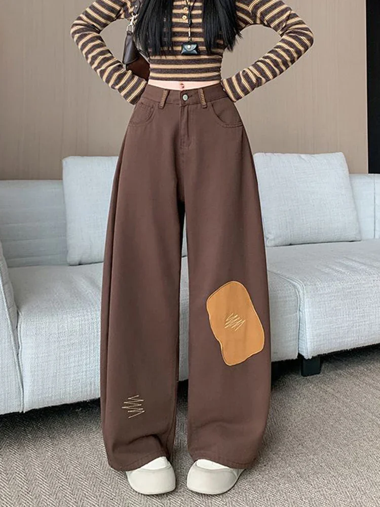 

Y2K Pants Women Splicing Knife Patchwork Embroidered Wide Leg High Waist Loose Lazy Style Jeans