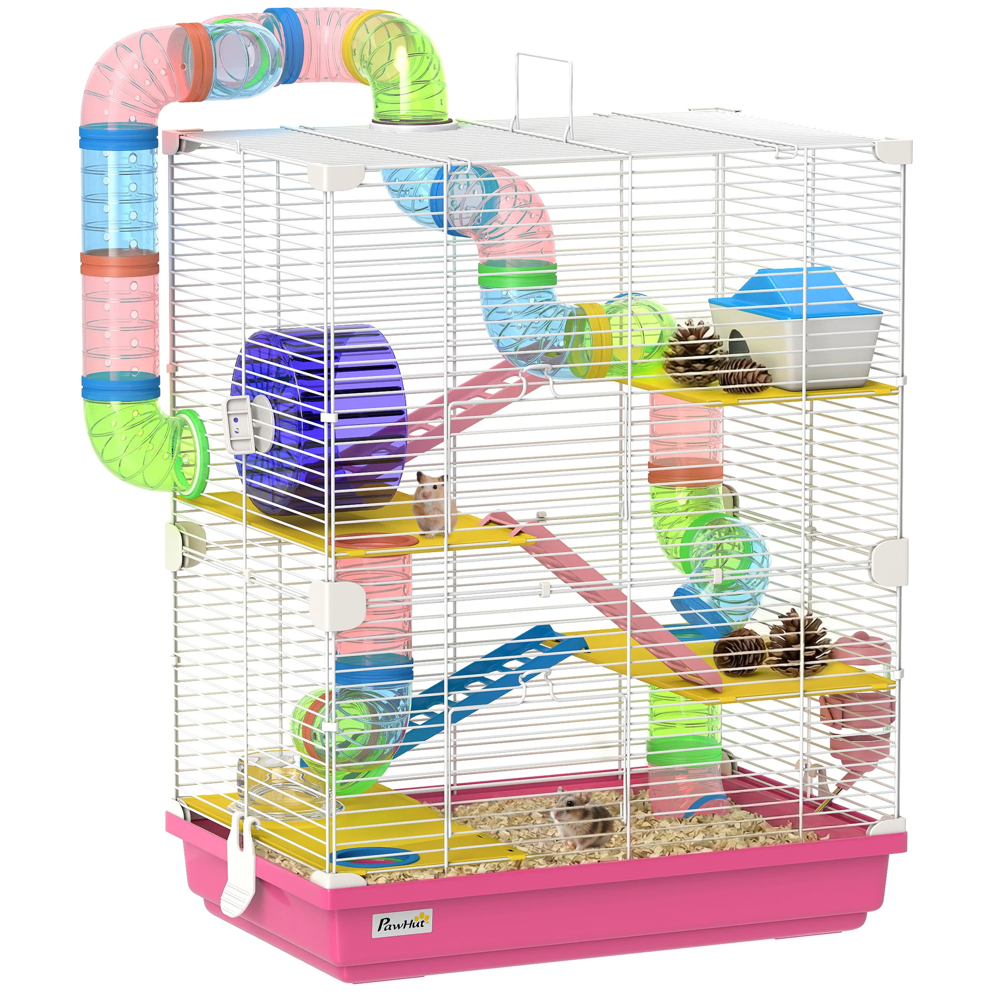 Pawhut Hamsterkooi met Tunnel, Platformen, Drinkbak, Huis, Hellingen en Loopwiel 46x30x58 cm