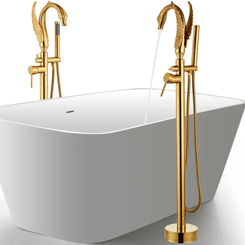 Gold Bathroom Faucet with Handheld Shower Free Standing Black Swan BathTub Mixer Taps Floor Mounted 3 colors