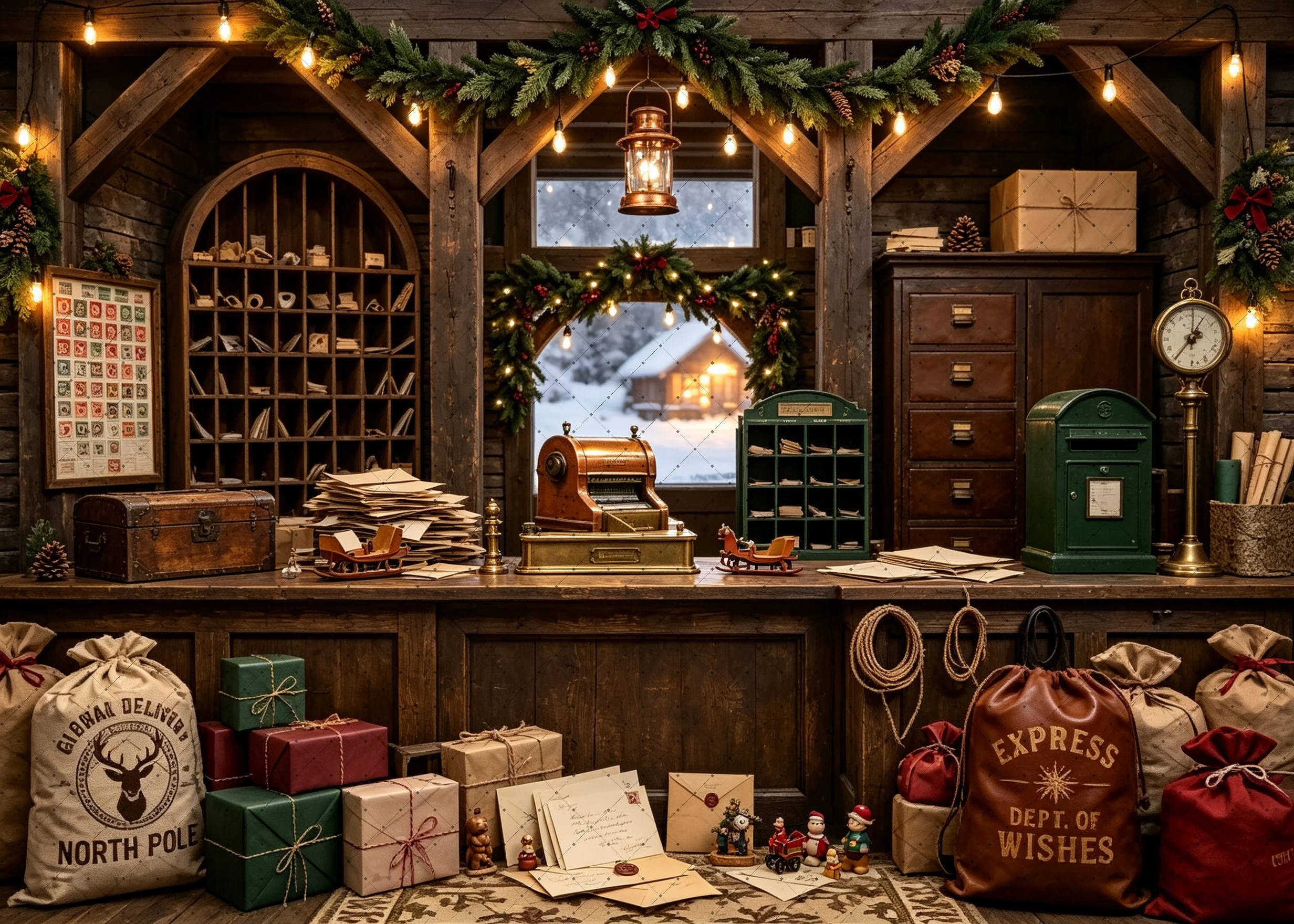 Christmas Post Office Corner Photo Backdrop Vintage Post Station Scene for Holiday Portrait Party Studio Shooting Decor Props