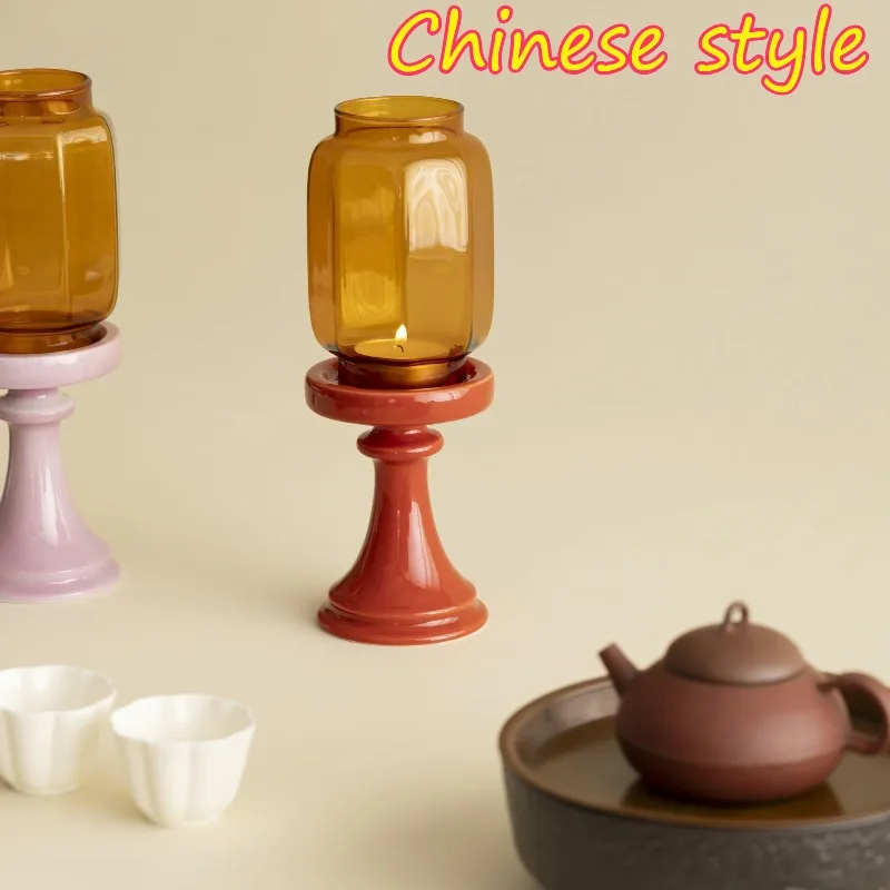 New Chinese Candle Holder Reusable Windproof Glass Lampshade Zen Style Candle Stand Creative Handcrafted Vintage Vibe Home Decor