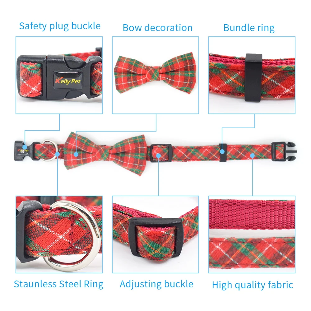 Nylon Plaid Bowknot Pet Collar Small and Medium Dog Leash Multicolor Optional Christmas Series