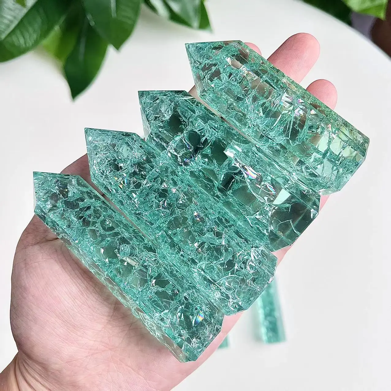 1pc Natural Crystal Man Made Green Glass Cracker Quartz Tower Home Decoration