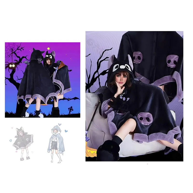 

A69esoft Bat Cape Hoodie For Halloween Cosplay, Cute Wearable Blanket Hoodie For Women Children