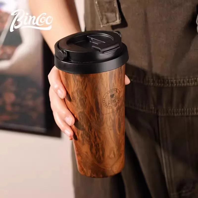 

Wood Grain Tumbler - 500ml Insulated Coffee Cup with Dual Lid, Leakproof & Car Holder Fit (Black/Brown)