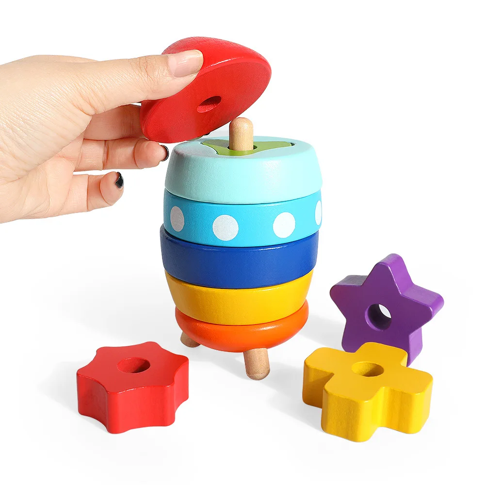 

rainbow stacking tower wooden rocket toy Montessori Toys Early Education Teaching Aids Wood Baby Gift Building blocks for kids