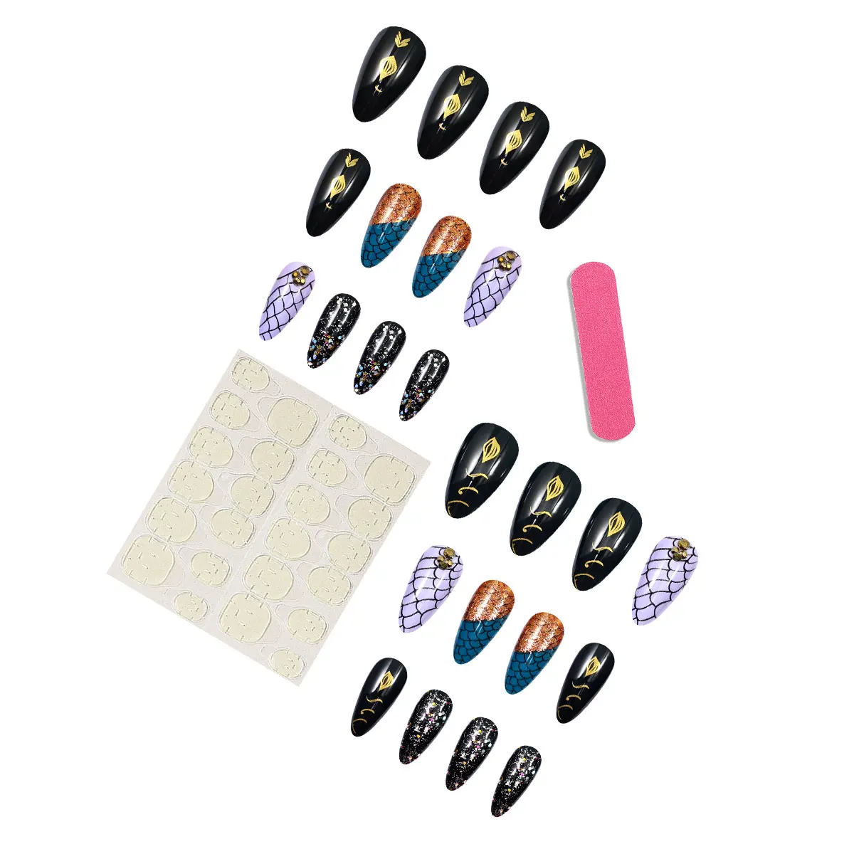 24 pezzi polvere glitterata a squame di pesce unghie finte a punta lunga stampa 3d sulle unghie design a squame di pesce mandorla unghie finte punte 3D con colla