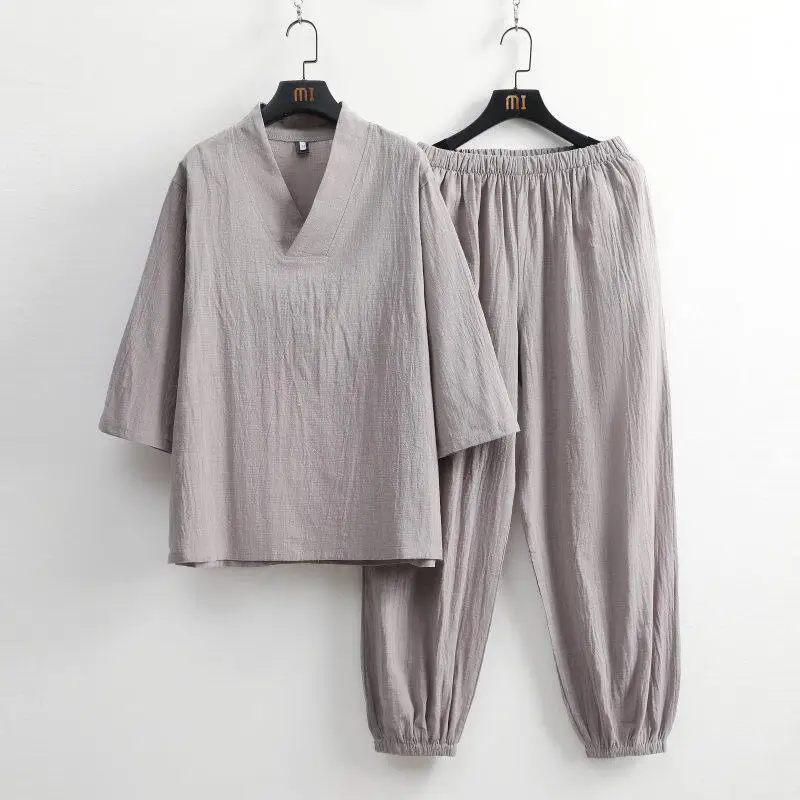 2026 Unisex Baumwoll-Leinen Hanfu Zweiteiliges Set im Buddha-Stil mit 3/4-Ärmeln, lockeres Yoga-, Meditations- und Teezeremonie-Outfit für Zuhause und Freizeit – Detail 2