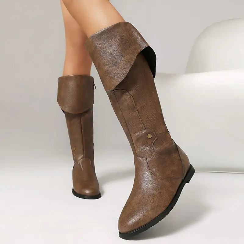 SIMLOVEYO Бренд 2025 Винтажные женские сапоги до колена с круглым носком на плоской подошве на молнии размера плюс 46 47 48, повседневные женские сапоги в стиле вестерн Bota