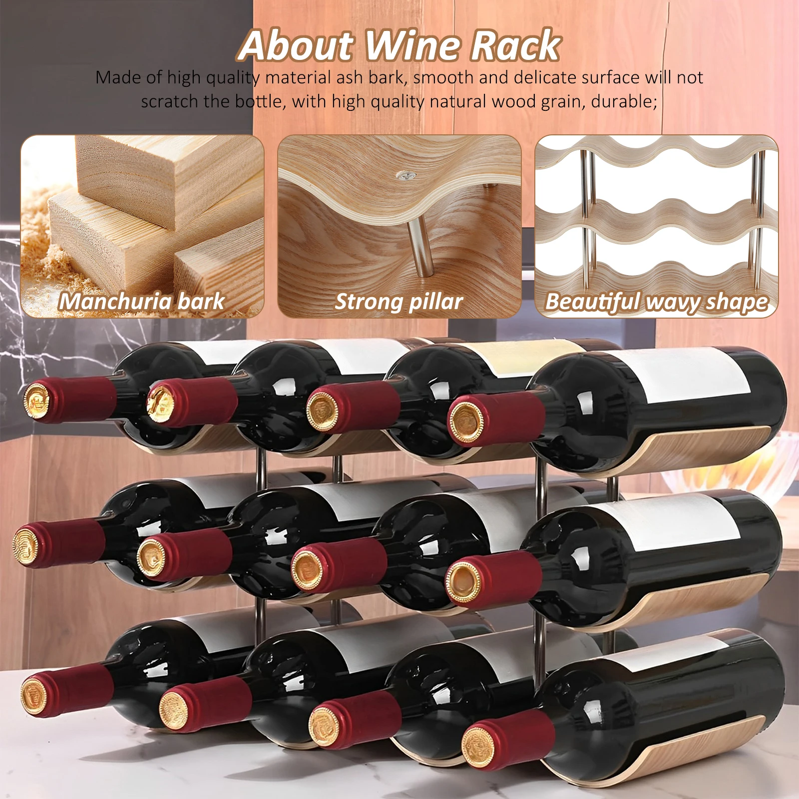 2/3-Tier Wooden Wine Rack Wavy Wine Bottle Organizer Holders for Cabinet Pantry Home Kitchen Bar Countertop Storage Display Rack