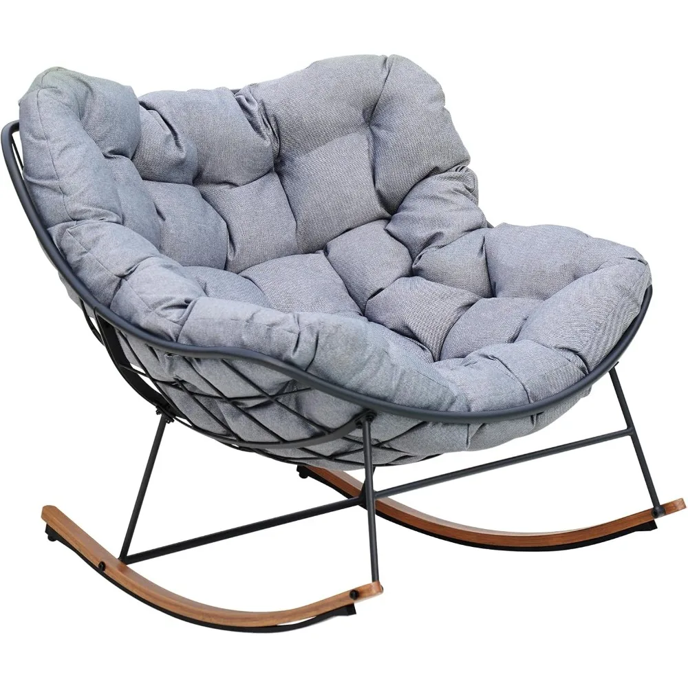 Rocking Chair Outdoor, E-Coated Papasan Rocking Chair with Cushion, Outdoor Oversized Recliner Rocker for Patio Porch