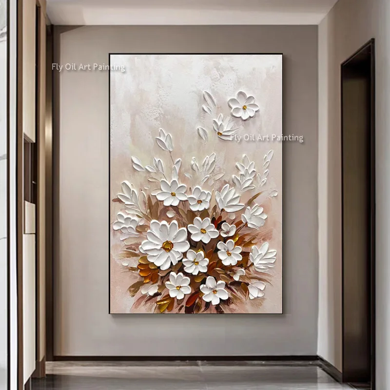 Hand Painted White Brown Flowers Knife Thick Canvas Wall Art Black White Gray Florals Art Oil Painting For Living Room Decor