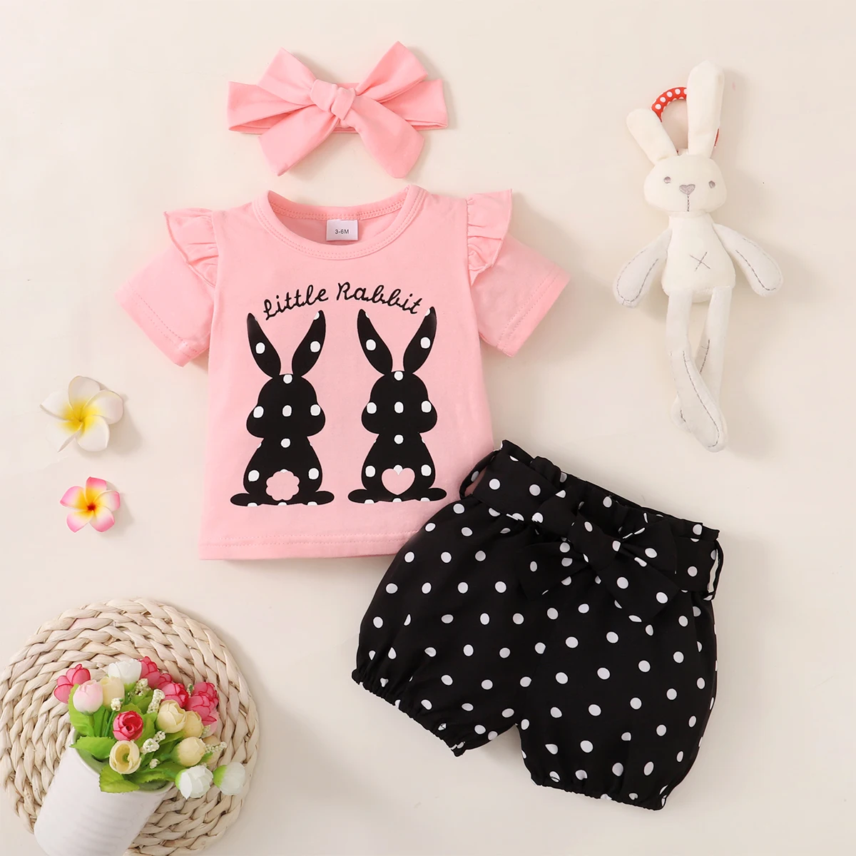 0-18 Months Toddler Baby Girl 3PCS Set Rabbit Print T-shirt+Polka Dots Shorts+Headwear Fashion Lovely Infant Baby Girl Outfit