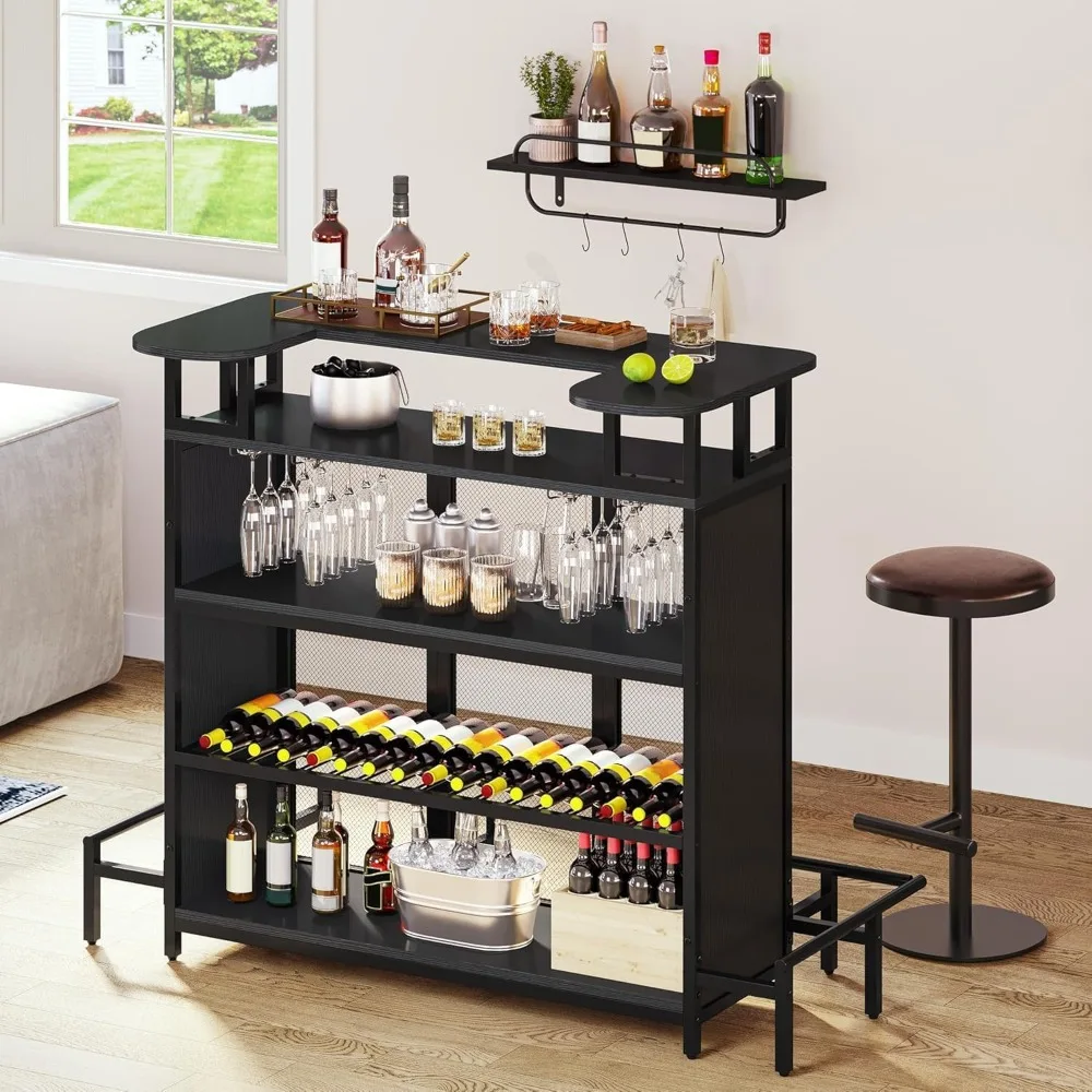 

Mini Home Bar Unit Table with Wall-Mounted Shelf Rack & Music Sensing LED Light, Modern Liquor Wine Bar Cabinet with Footrest a