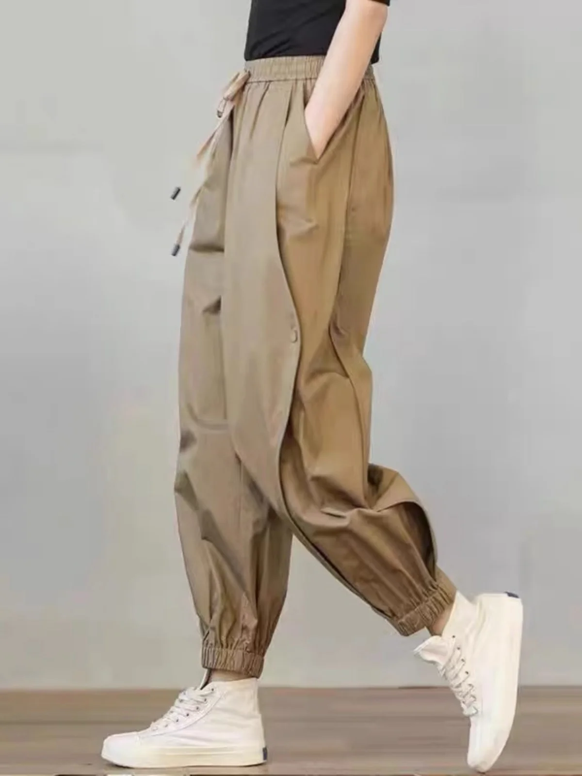 plus Size Women's Cotton Linen Casual Pants Thin Summer Loose Fit High Waist Elastic Waistband Korean Style Commute Wind