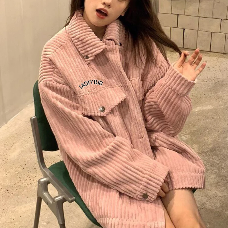 

Gidyq Autumn Women Corduroy Coats Korean Fashion Streetwear Loose Outerwear Casual Female Letter Designed Pink Jacket New