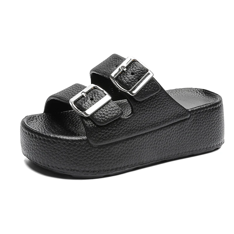 Damen 5cm Höhenverstellbare EVA-Plateau-Sandalen mit Verstellbarer Metallschnalle, Litchi-Textur, Rutschfeste Open-Toe-Slides