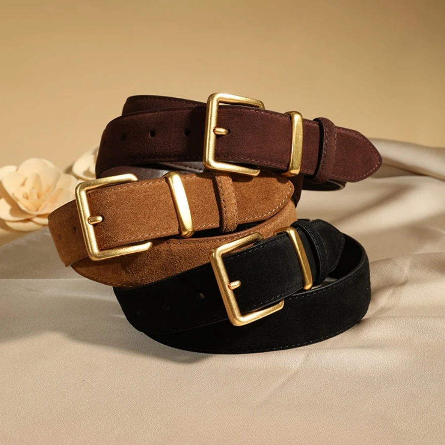 

Women’s Suede Cowhide Leather Belt Gold Square Buckle 3.3cm Wide Vintage Style Belts for Dress Jeans