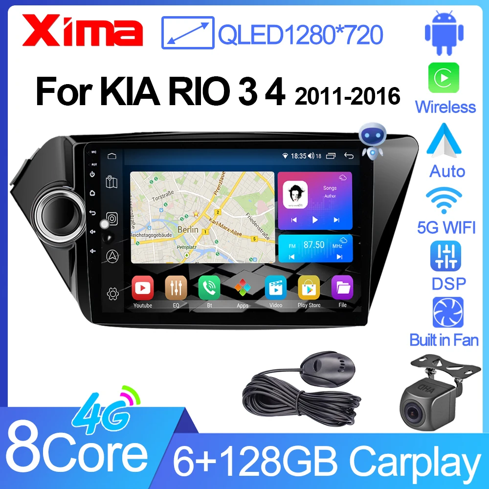 XIMA XV6  Android Auto CarPlay For Kia RIO 3 4 2011-2016 Car Radio Multimedia Player 2 din GPS Navigation Stereo 4G 8Core Qled