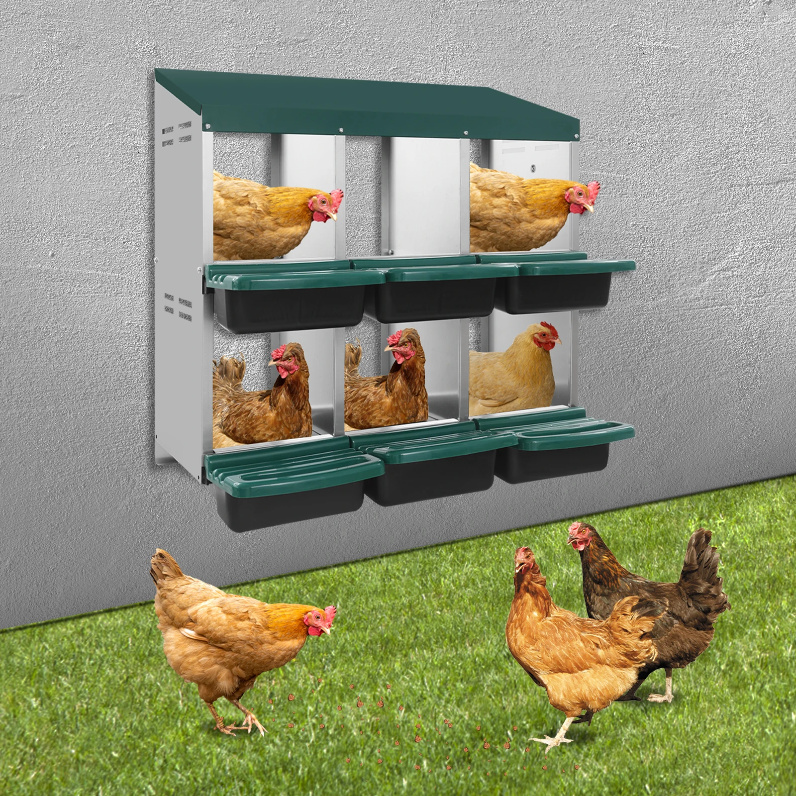 صندوق تعشيش الدجاج، صندوق وضع بيض الدجاج والبط مع فتحات تصريف، 6 مقصورات منفصلة، صندوق معدني ثابت