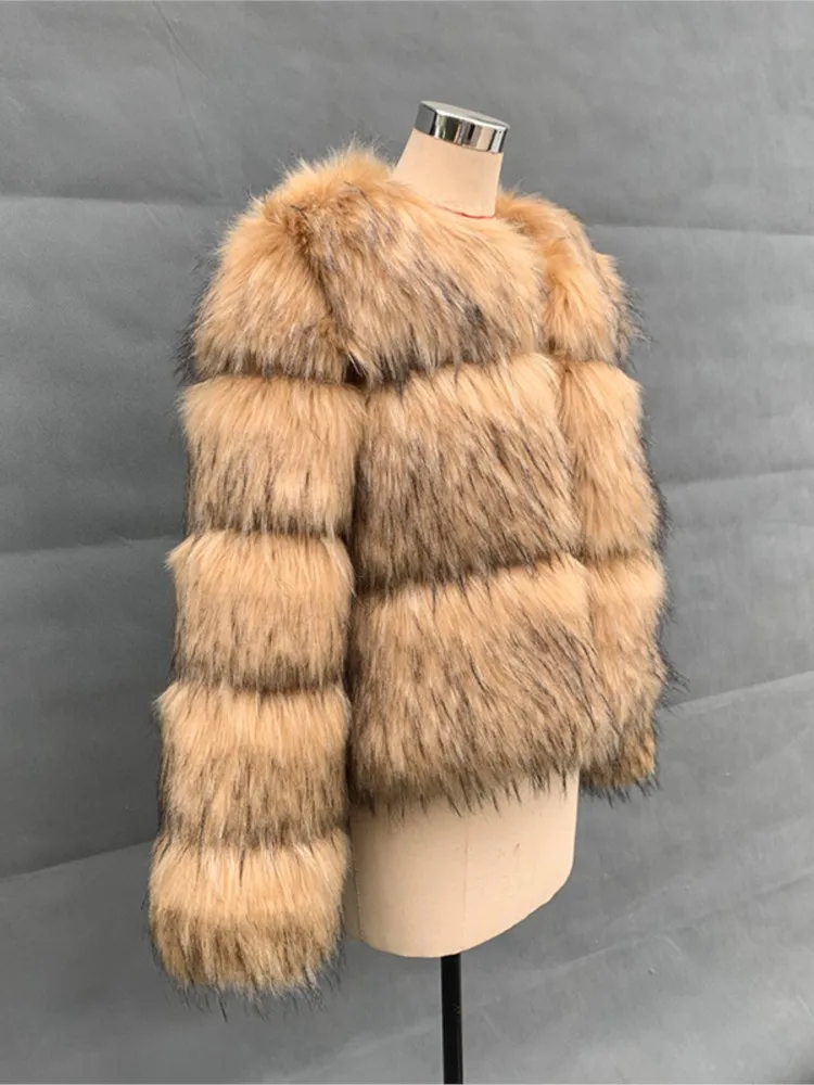

Women KIDCRKJ Winter Eco Faux Fur Coat Solid Round Collar Raccoon Fur Jacket For Female Elegant Cozy Lady's Artificial Fur Coat
