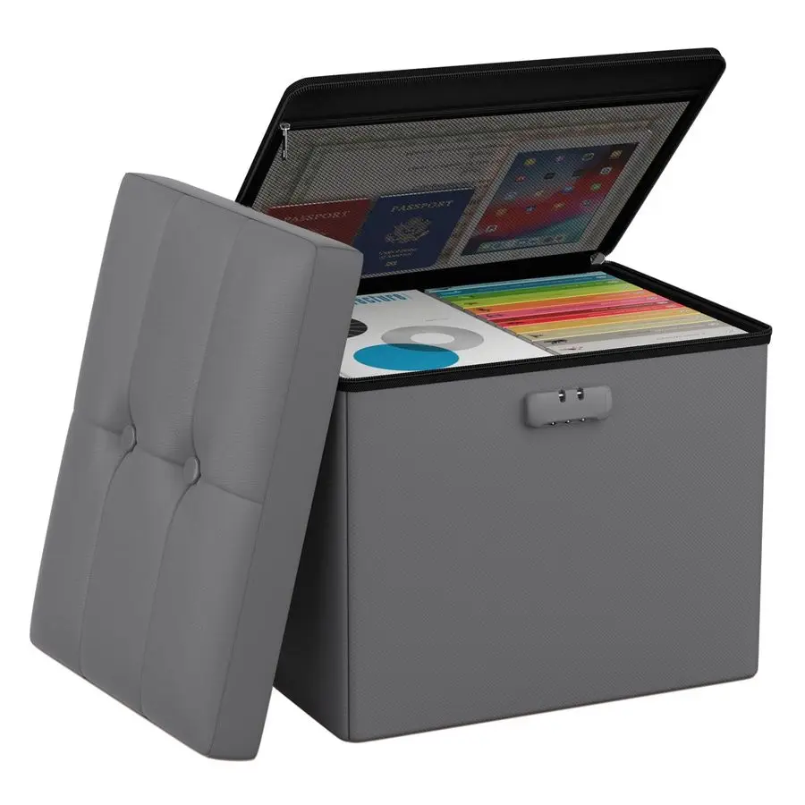 

Small Ottoman with Storage, 17 x 13 x 13 inch Fireproof Safe Folding Ottoman with Lock for Important Documents, Waterproof Foot