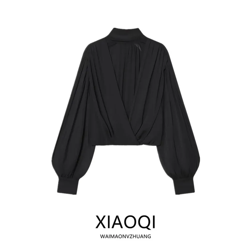 

Новинка зимы: Женская укороченная блузка с воротником-стойкой, рукавами-баллонами, из жатой ткани, в корейском стиле, с завышенной талией, для повседневной носки