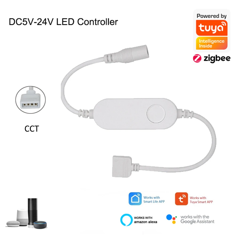 Tuya Zigbee 3.0 COB CCT LED Strip Light 12V 24V 1m-10m WWCW Flexible Dimmable Lamp Power Adapter Full Kit f Alexa Home Assistant