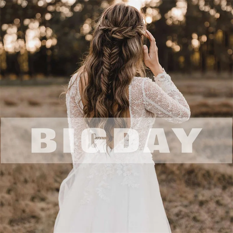 Robes de mariée élégantes A-Line pour femmes, dos ouvert, manches longues, dentelle, col en V, patients, quel que soit le tulle, train de balayage, 2024