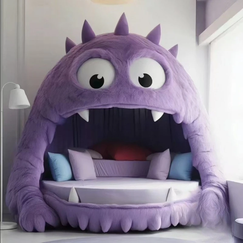 Fabric plush Internet celebrity two-dimensional monster bed, bedroom light luxury minimalist cream bed